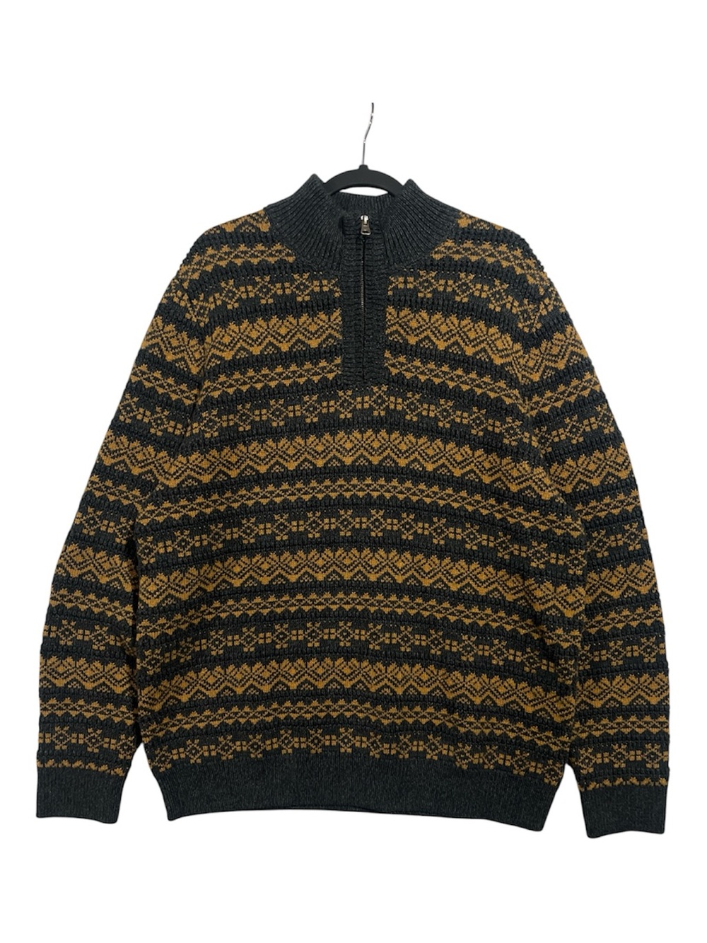 L.L.Bean Sweater Men’s XL Gray Gold Organic Cotton Waffle Quarter Zip Fair Isle